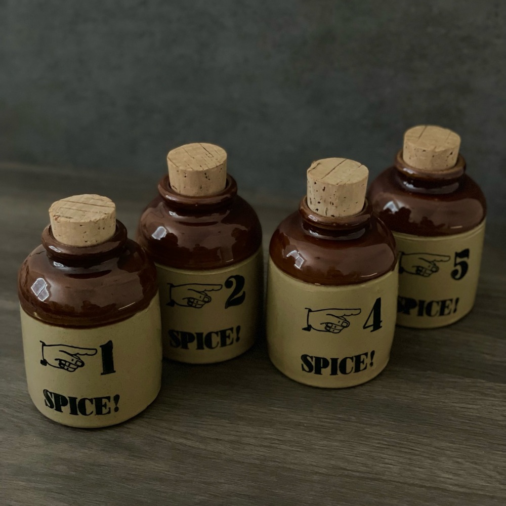 Vintage Moira stoneware spice jars (1,2,4,5) Made in England.